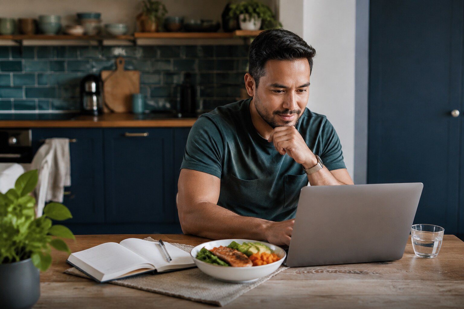 An adult using a laptop to plan meals at home